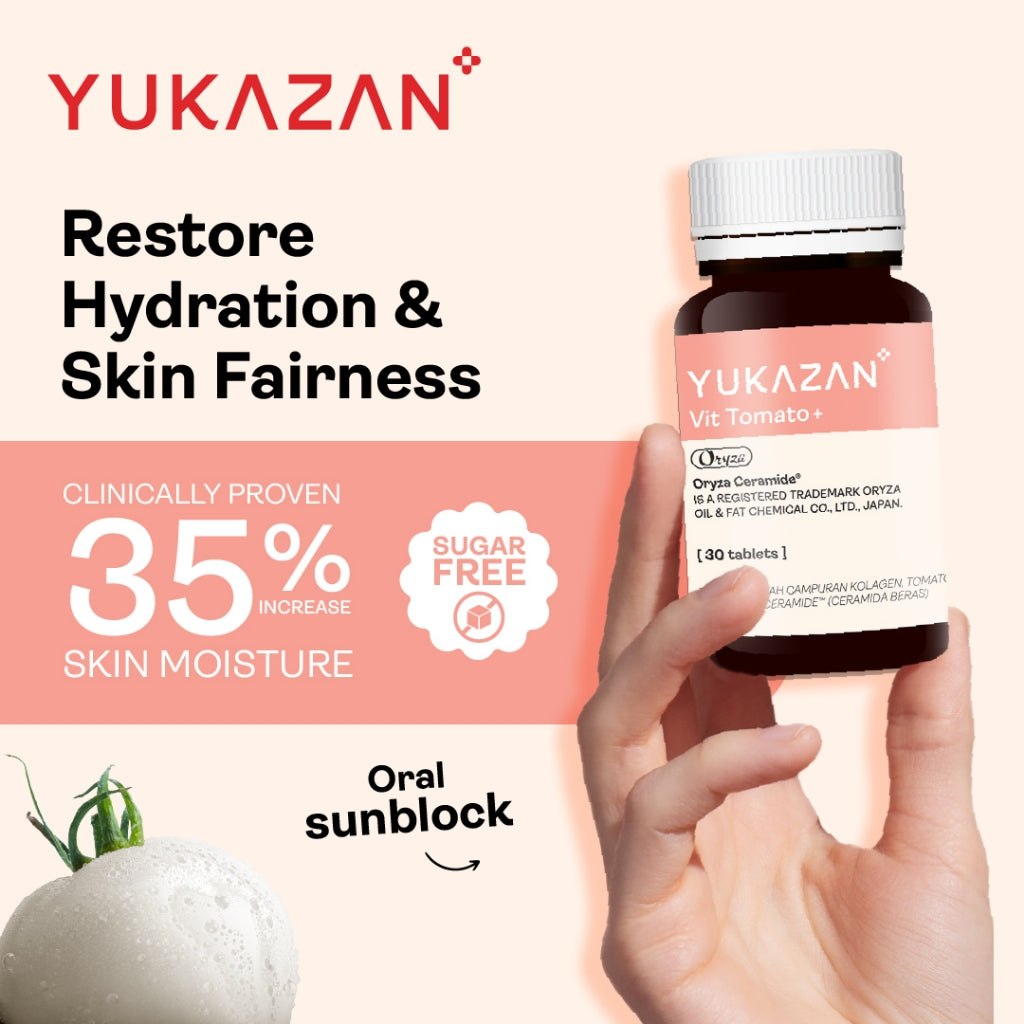 Yukazan Vit Tomato+ Brightening Supplement 10's - Collagen, White Tomato, Oryza Ceramide Chewable Tablet - Oral Sunblock