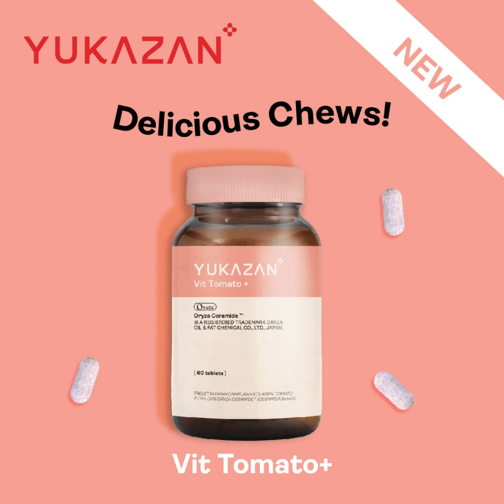 Yukazan Vit Tomato+ Brightening Supplement 4's - Collagen, White Tomato, Oryza Ceramide Chewable Tablet - Oral Sunblock