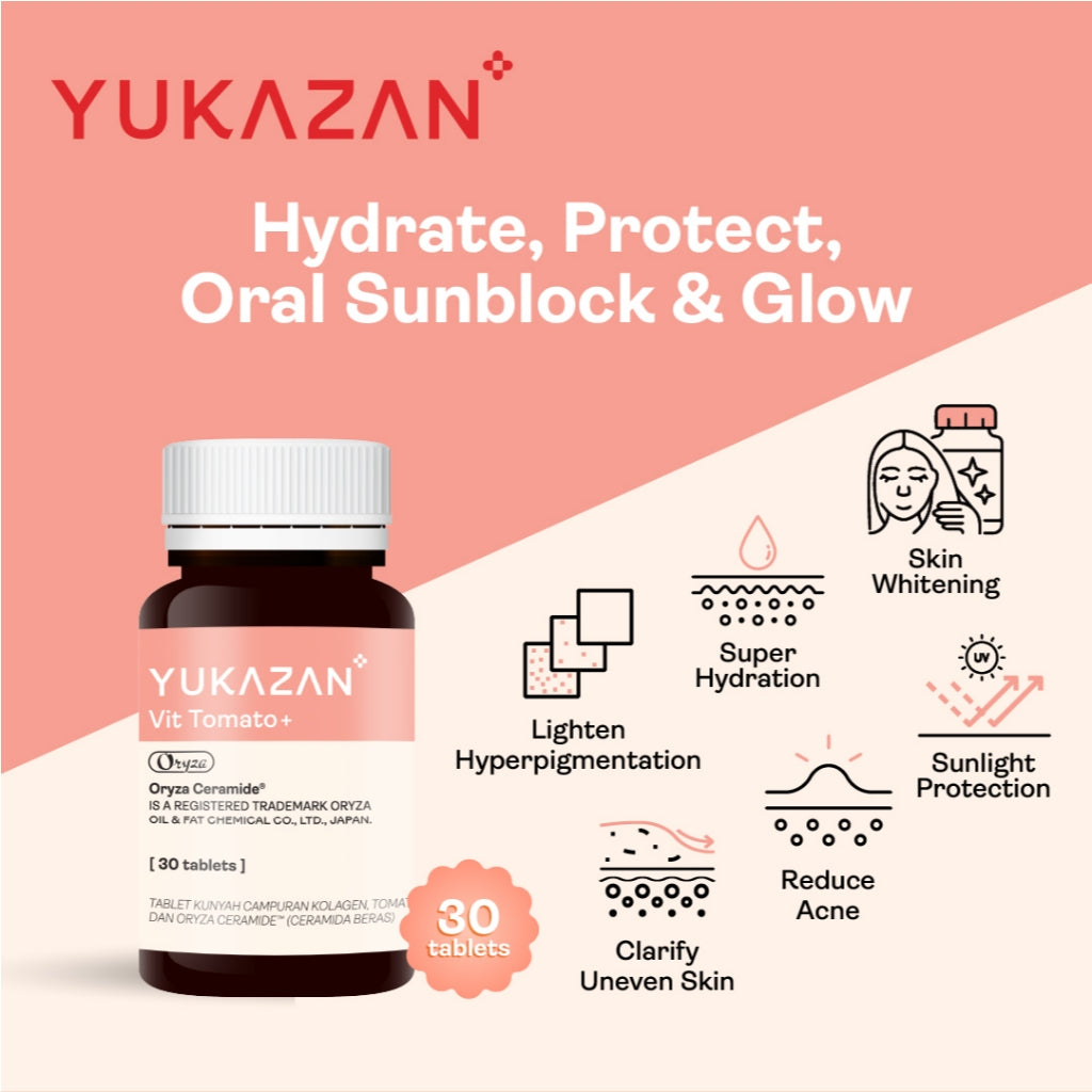 Yukazan Vit Tomato+ Brightening Supplement 10's - Collagen, White Tomato, Oryza Ceramide Chewable Tablet - Oral Sunblock