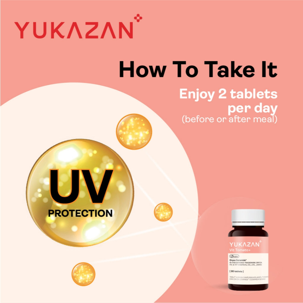 Yukazan Vit Tomato+ Brightening Supplement 10's - Collagen, White Tomato, Oryza Ceramide Chewable Tablet - Oral Sunblock