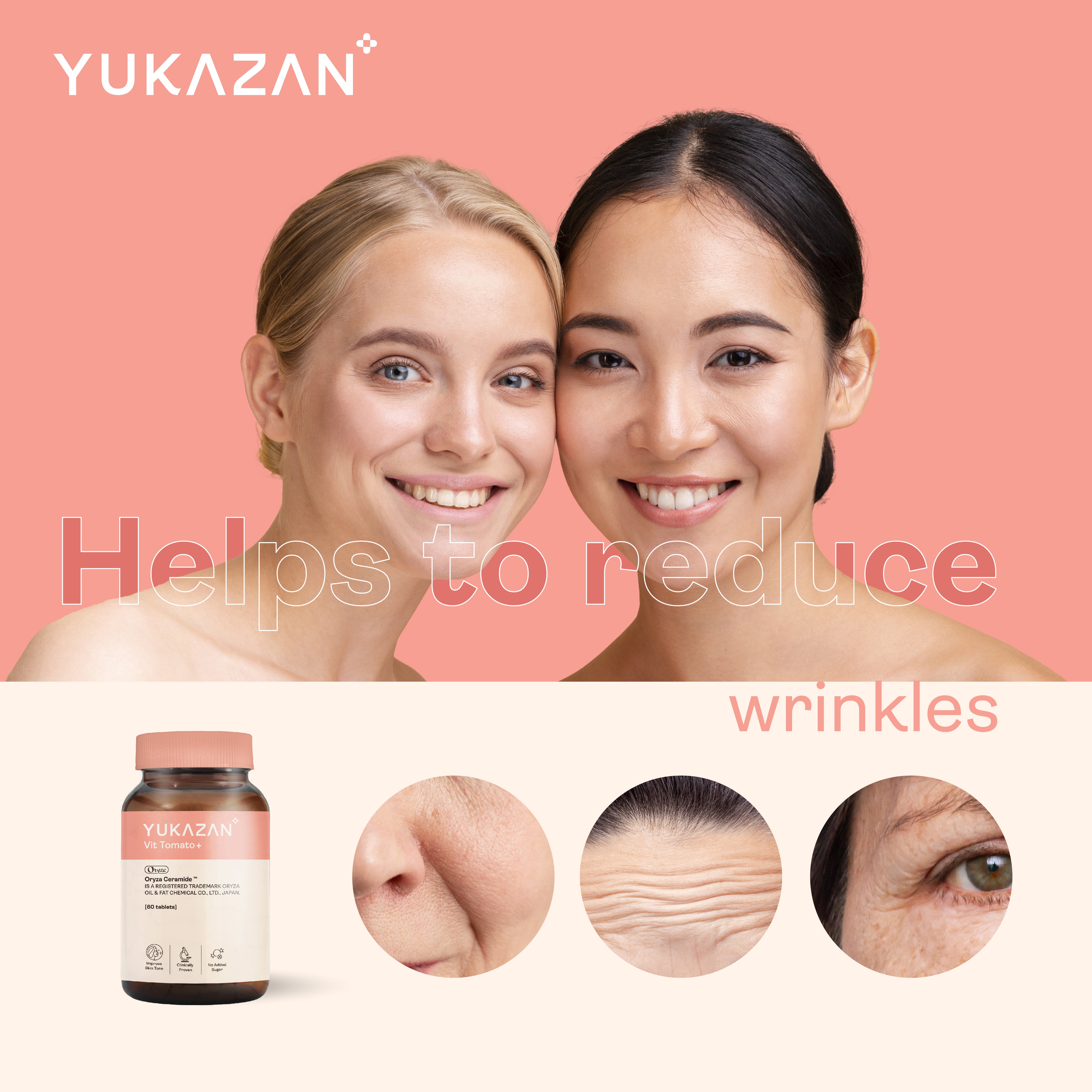 Yukazan Vit Tomato+ Brightening Supplement - Collagen, White Tomato, Oryza Ceramide Chewable Tablet - Oral Sunblock (60's)