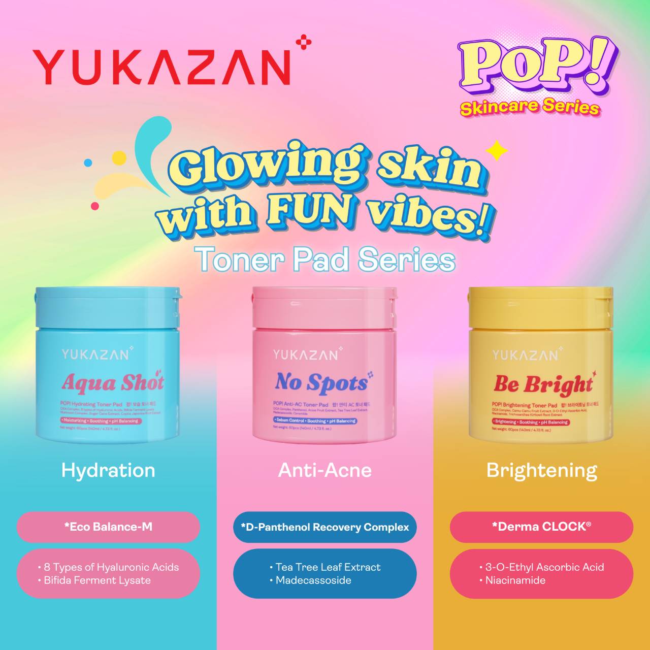 Yukazan POP! Be Bright Brightening Toner Pad 60'S / Soothing / pH Balancing / Skin care / Face / Moisturizing