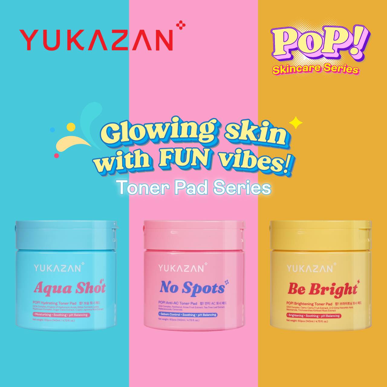 Yukazan POP! No Spots Anti-Acne Toner Pad 60'S / Soothing / Sebum control / pH Balancing / Skin care / Face