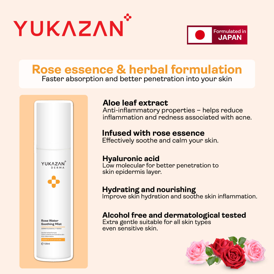 Yukazan Derma Rose Water Soothing Mist 120ml Dermatologically Tested for Acne Sensitive Skin